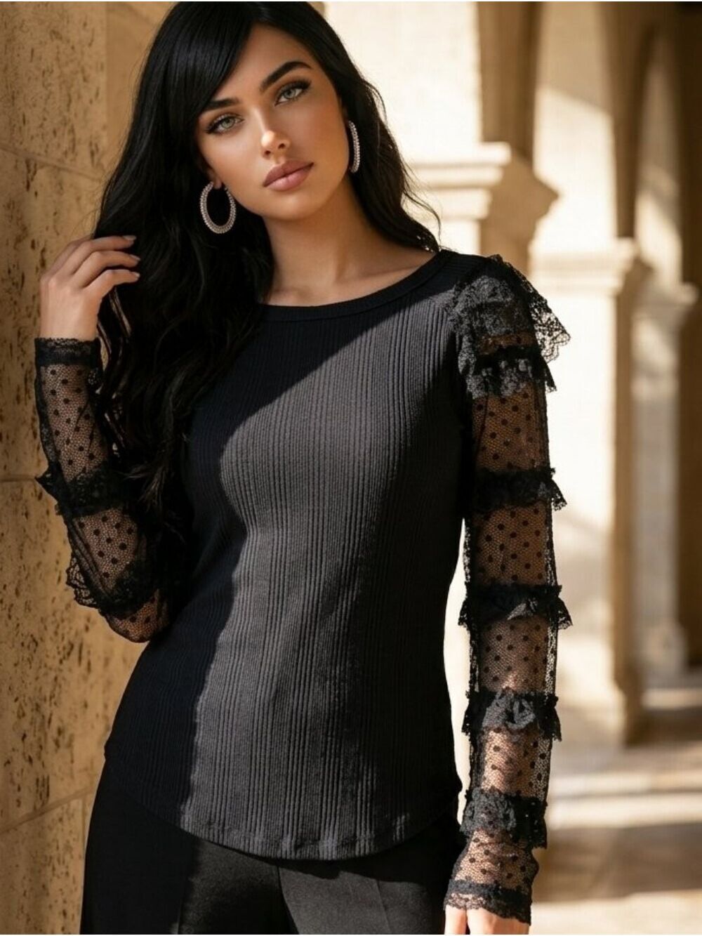 Free People Black Ribbed Top with Sheer Lace Dot Sleeves #LS9